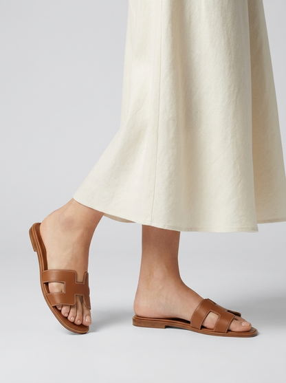 Luxury Leather H-Cut Sandals – Elegant Women's Flat Slide Sandals