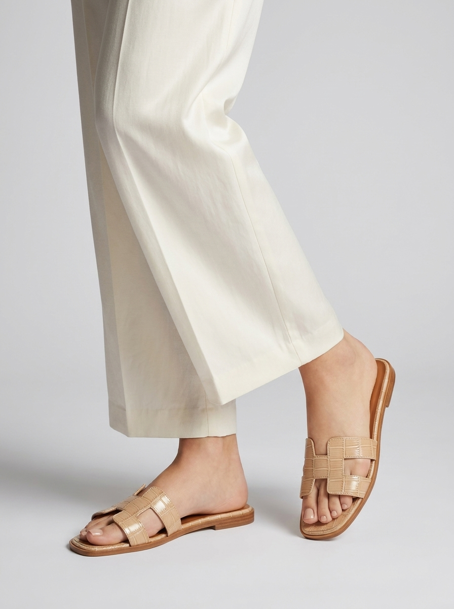 Luxury Leather H-Cut Sandals – Elegant Women's Flat Slide Sandals